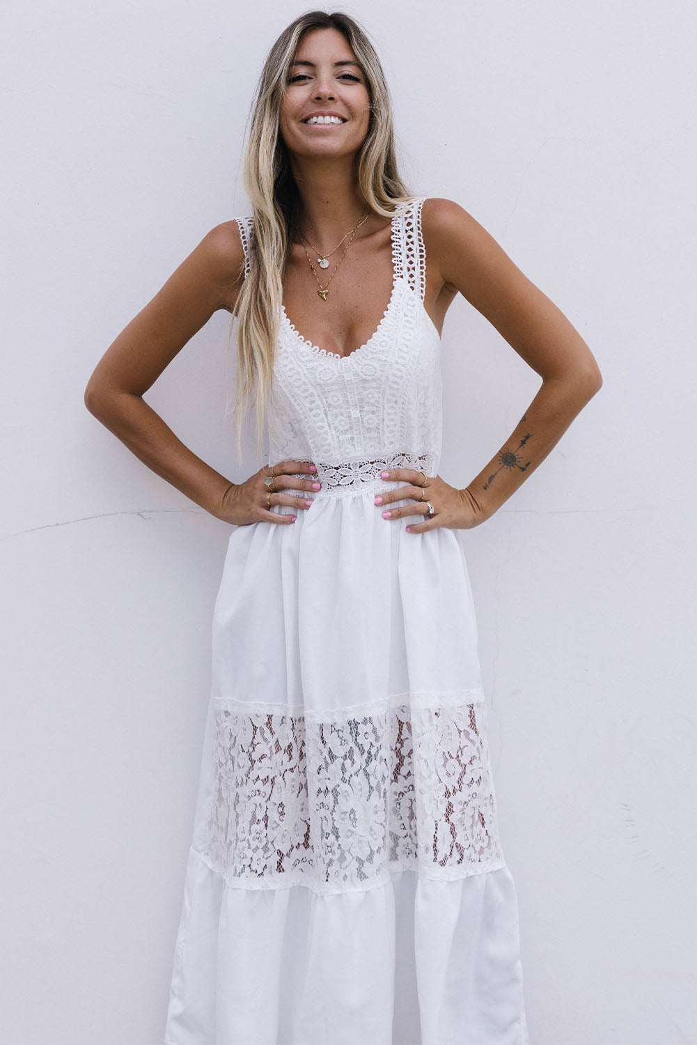 White Floral Lace Tiered Patchwork Sleeveless Dress Maxi Dresses JT's Designer Fashion