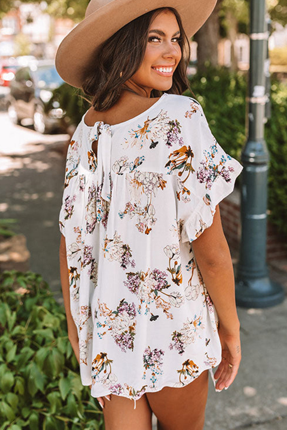 White Floral Ruffled Short Sleeve Back Knot Blouse Blouses & Shirts JT's Designer Fashion