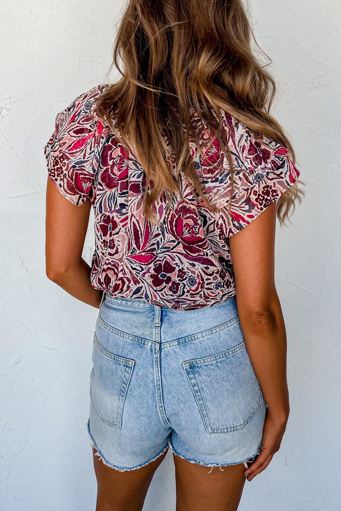 White Floral Ruffled Short Sleeve V Neck Blouse Tops & Tees JT's Designer Fashion