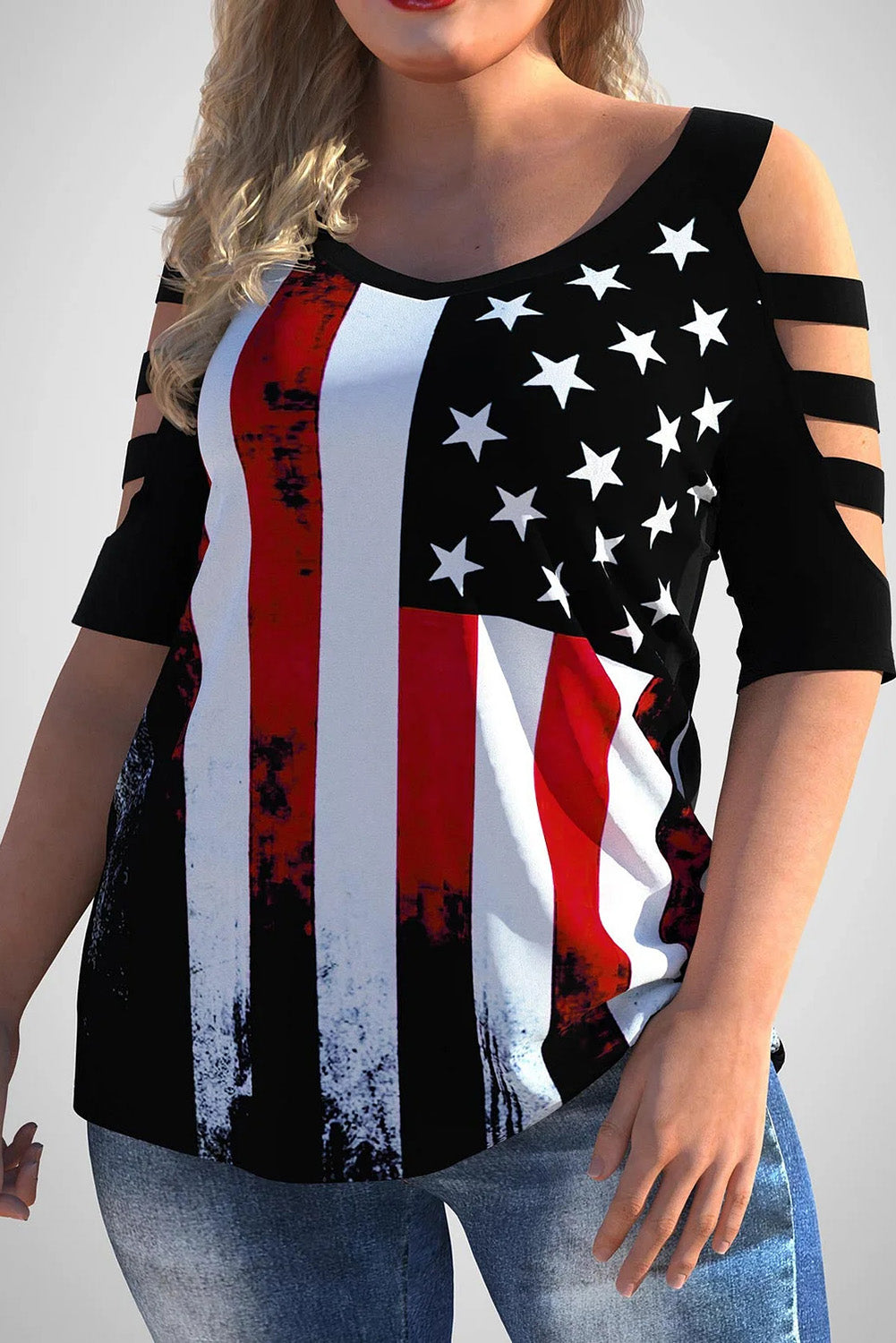 Black American Flag Print Plus Size Cold Shoulder T Shirt Plus Size JT's Designer Fashion