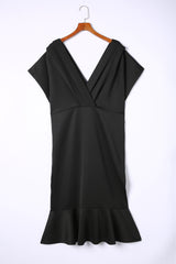 Black Plus Size Pleated V Neck Ruffle Hem Bodycon Dress Plus Size Dresses JT's Designer Fashion