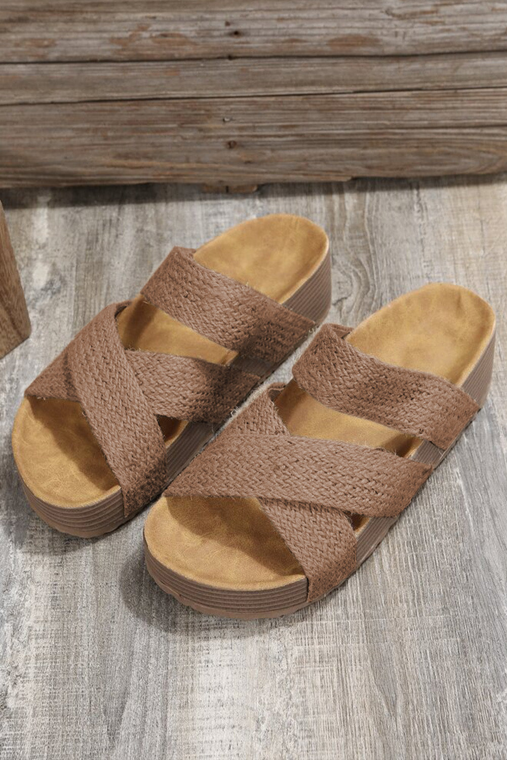 Brown Linen Woven Cross Criss Hollowed Slip-On Slippers Slippers JT's Designer Fashion