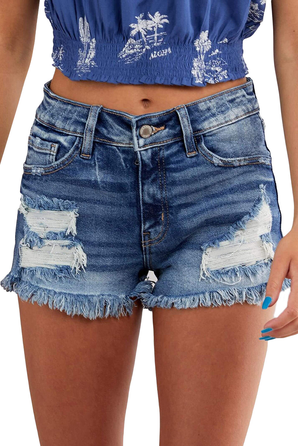 Blue Frayed Hem High Waist Denim Shorts Denim Shorts JT's Designer Fashion