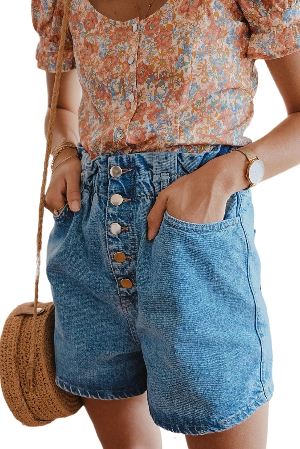 Blue Casual Paper Bag Waist Denim Shorts Denim Shorts JT's Designer Fashion