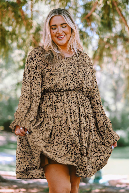 Khaki Plus Size Ruffled Long Sleeve Animal Spotted Print Dress Khaki 100%Polyester Plus Size Dresses JT's Designer Fashion