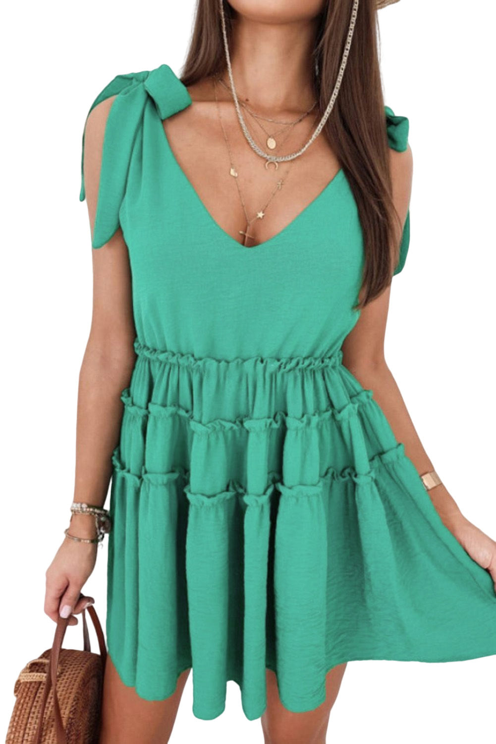 Green Tie Straps Frilled A-line Mini Dress Mini Dresses JT's Designer Fashion