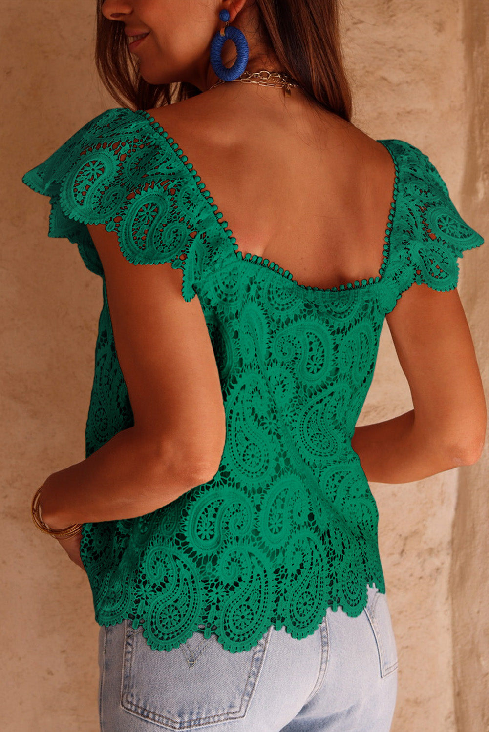 Green Lace Crochet Ruffled Square Neck Tank Top Tank Tops JT's Designer Fashion