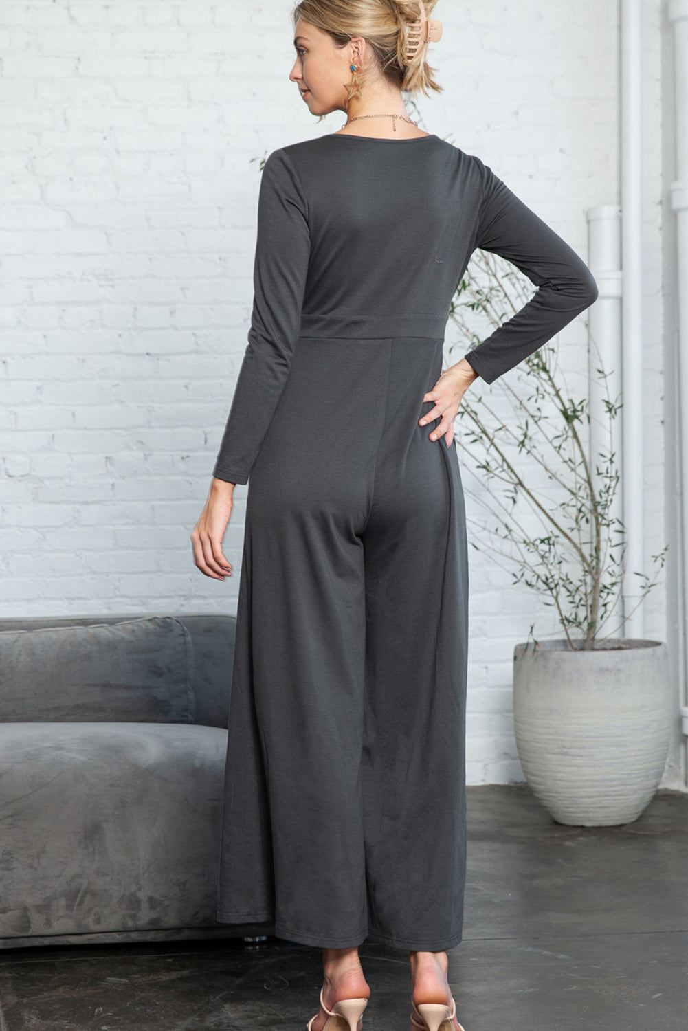 Dark Grey Plus Size Button Front Wide Leg Long Sleeve Jumpsuit Plus Size JT's Designer Fashion