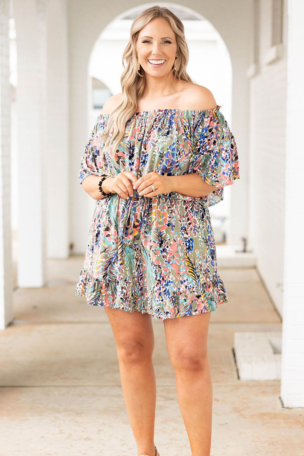 Green Plus Size Off Shoulder Floral Print Romper Plus Size Bottoms JT's Designer Fashion