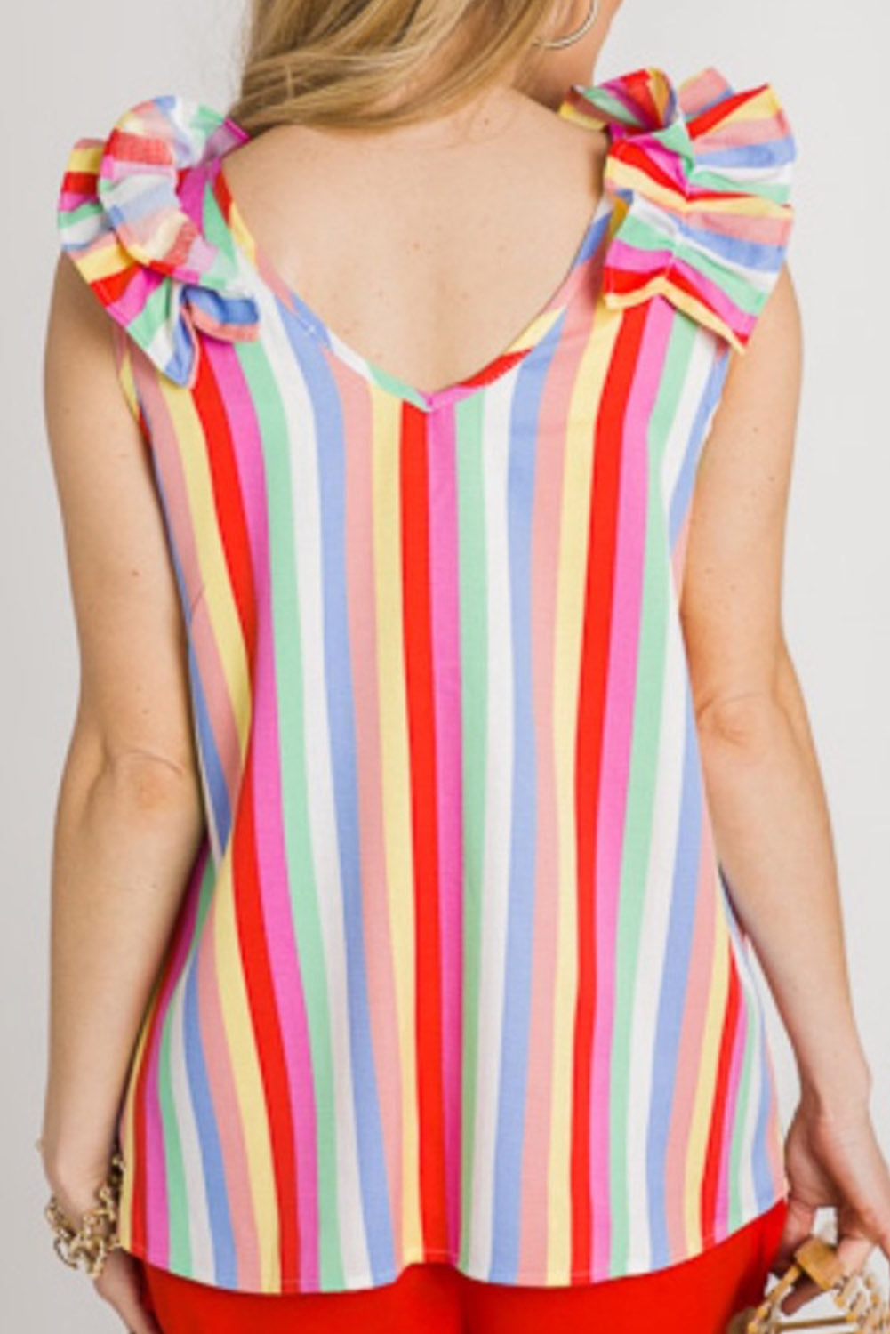 Multicolor Striped V Neck Ruffle Straps Tank Top Tank Tops JT's Designer Fashion