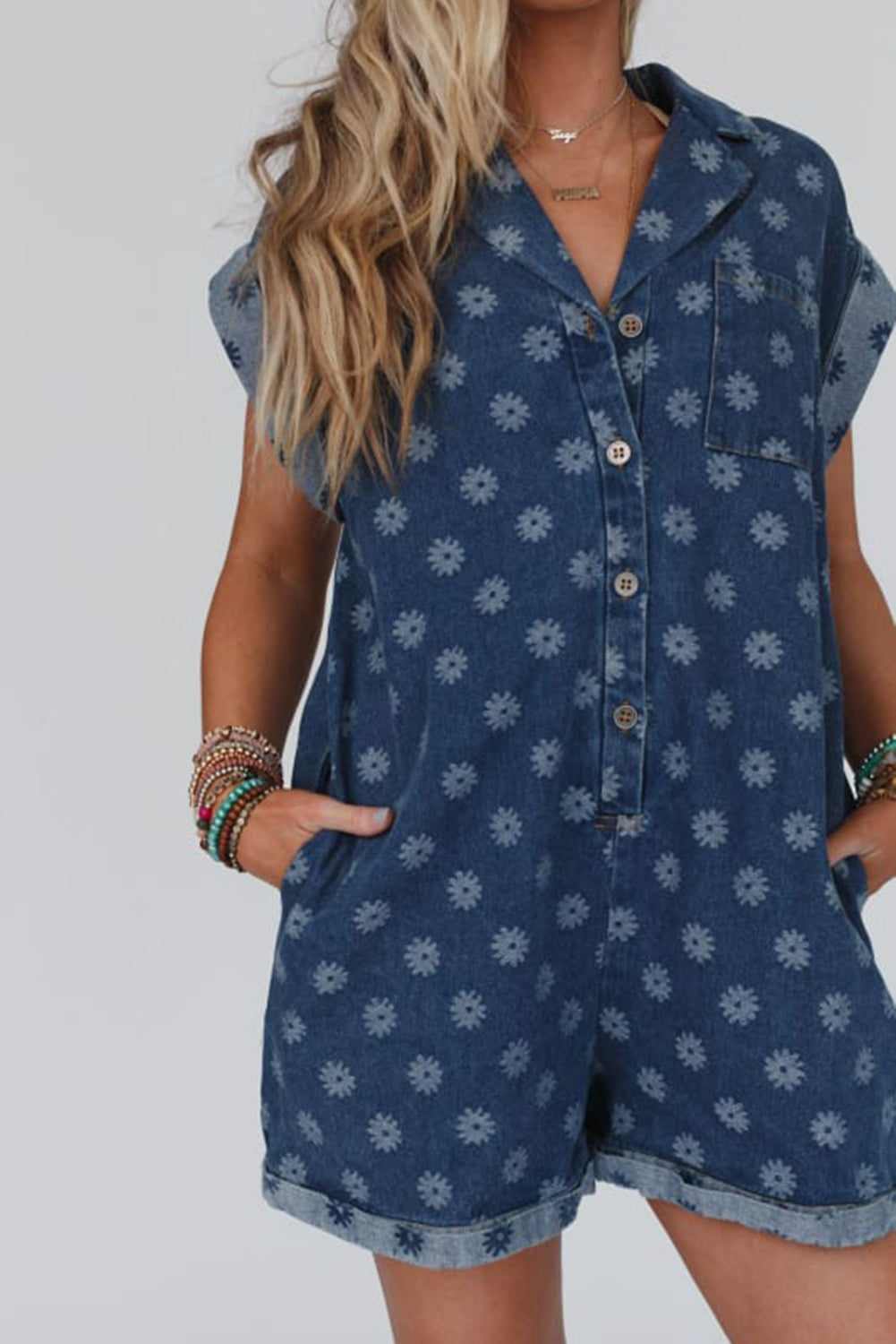 Blue Floral Print Contrast Edge Buttoned Denim Romper Pre Order Tops JT's Designer Fashion