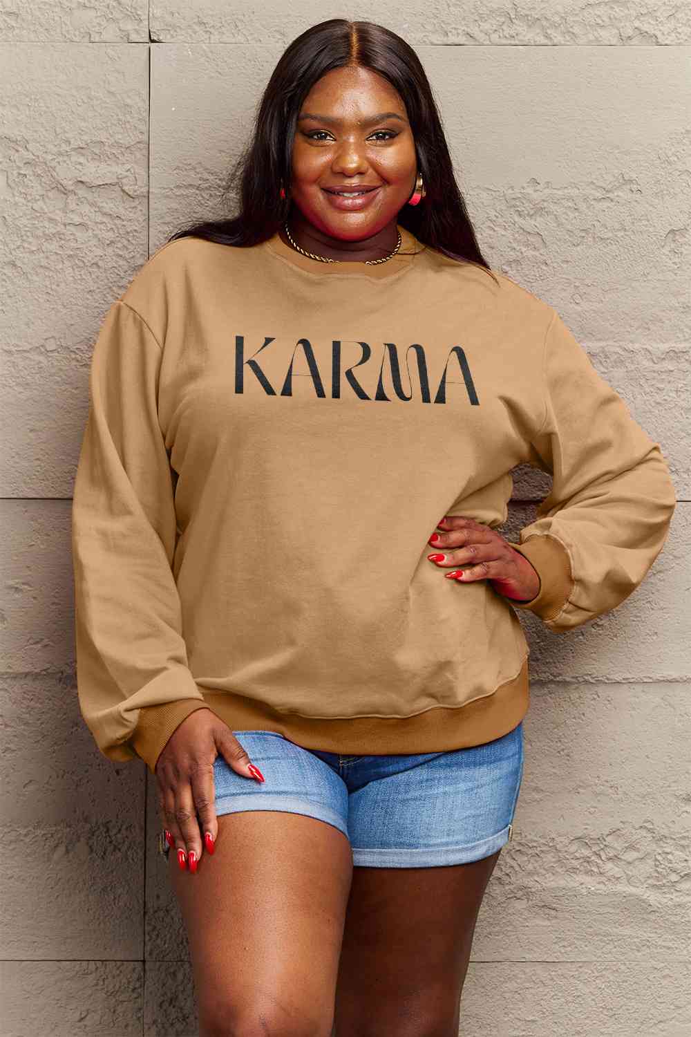 Simply Love Full Size KARMA Graphic Sweatshirt Caramel Graphic Sweatshirts JT's Designer Fashion