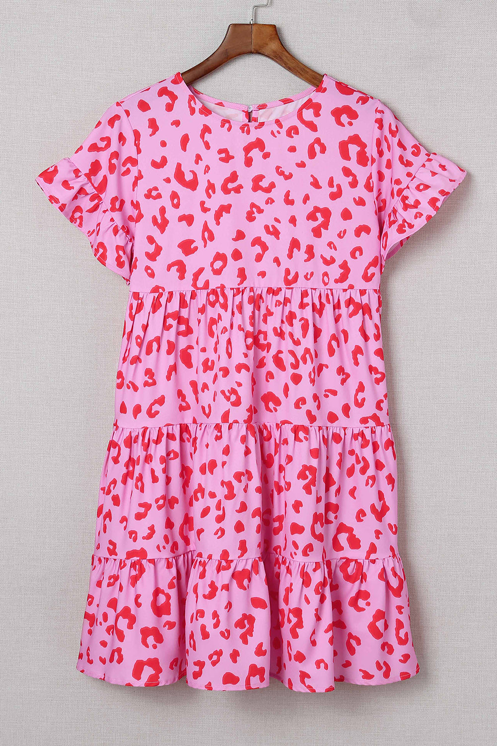 Pink Leopard Print Ruffle Short Sleeve Tiered Dress Mini Dresses JT's Designer Fashion