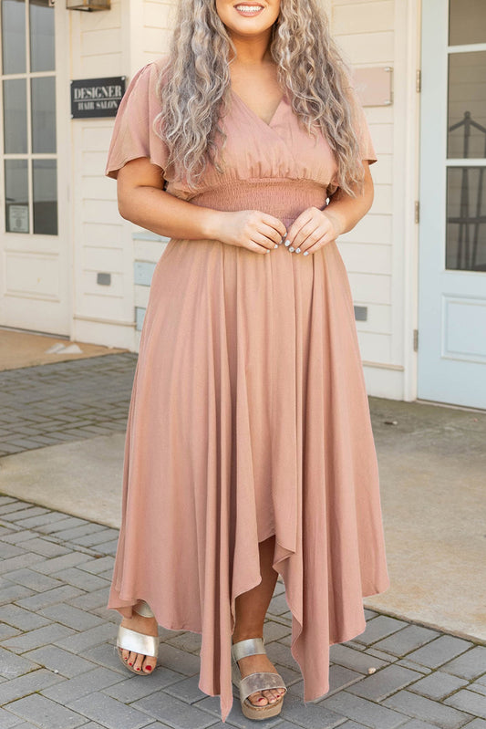 Pink Wrap V Neck Plus Size Handkerchief Dress Pink 100%Polyester Plus Size Dresses JT's Designer Fashion