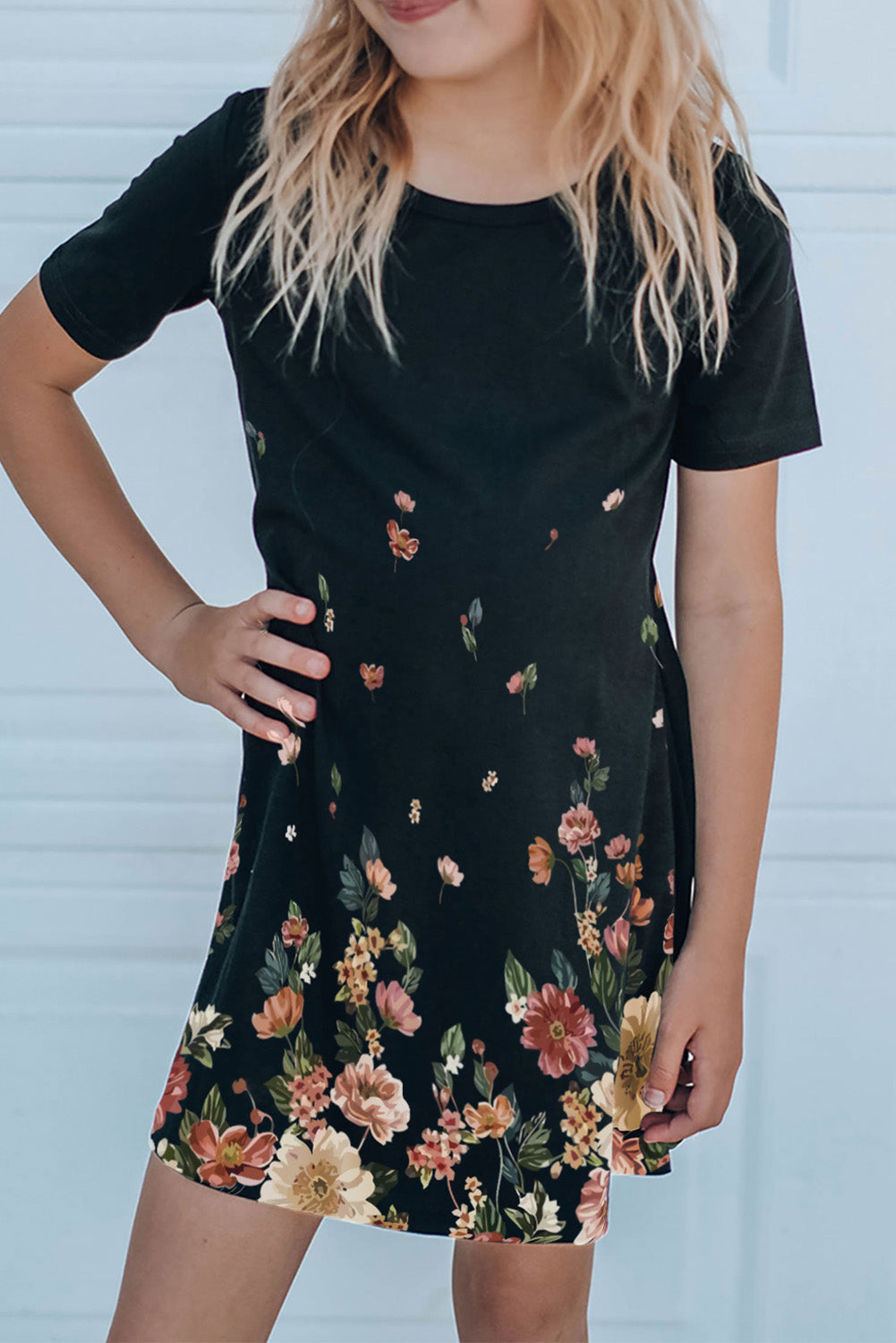 Black Family Matching Floral Print Short Sleeve Girl's Mini Dress Black 60%Polyester+35%Viscose+5%Elastane Family Dress JT's Designer Fashion