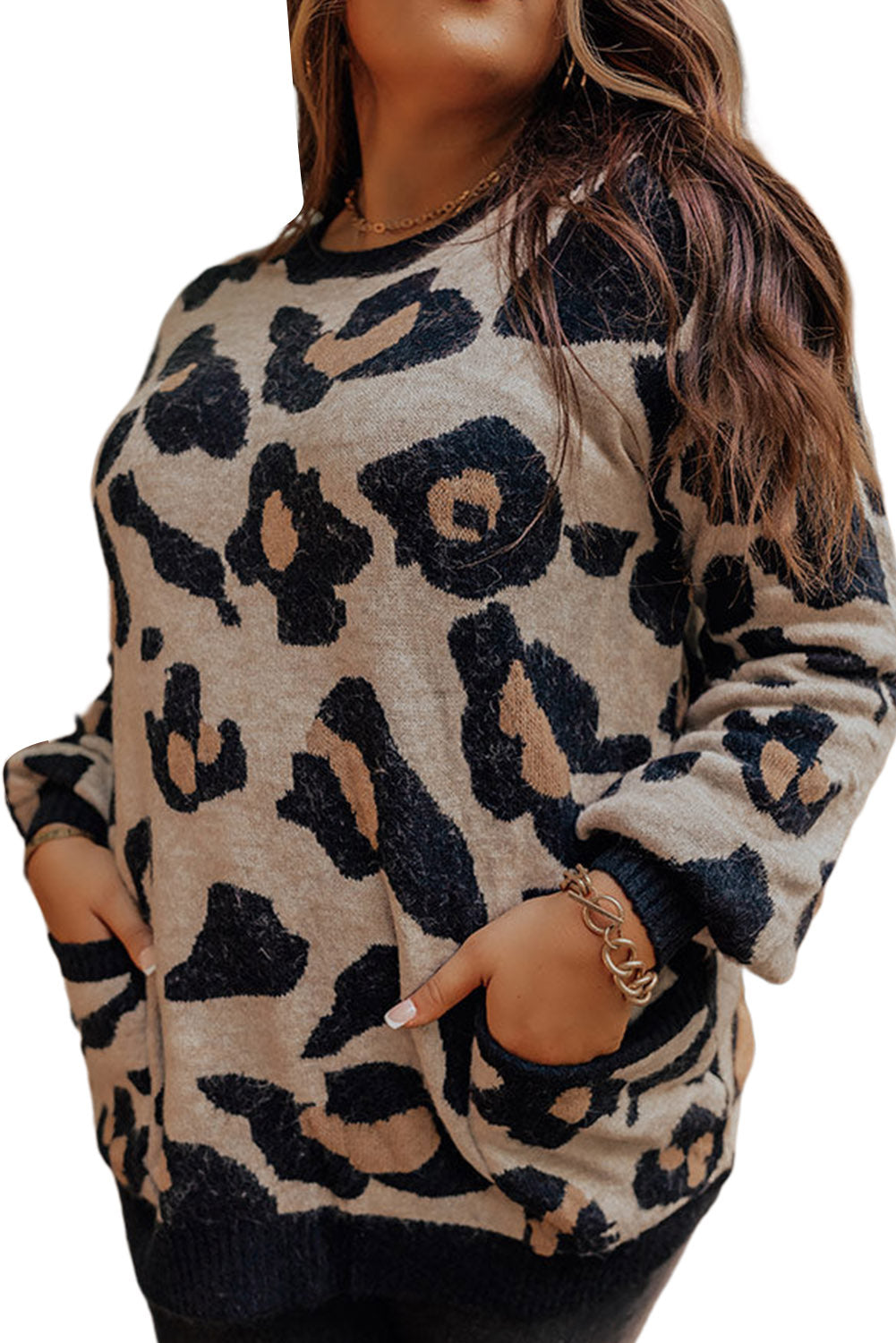 Leopard Brushed Knit Pocketed Plus Size Sweater Plus Size JT's Designer Fashion