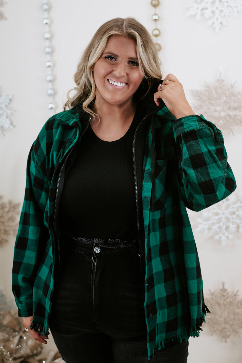 Blackish Green Plus Size Plaid Hooded Distressed Zip-Up Jacket Plus Size JT's Designer Fashion