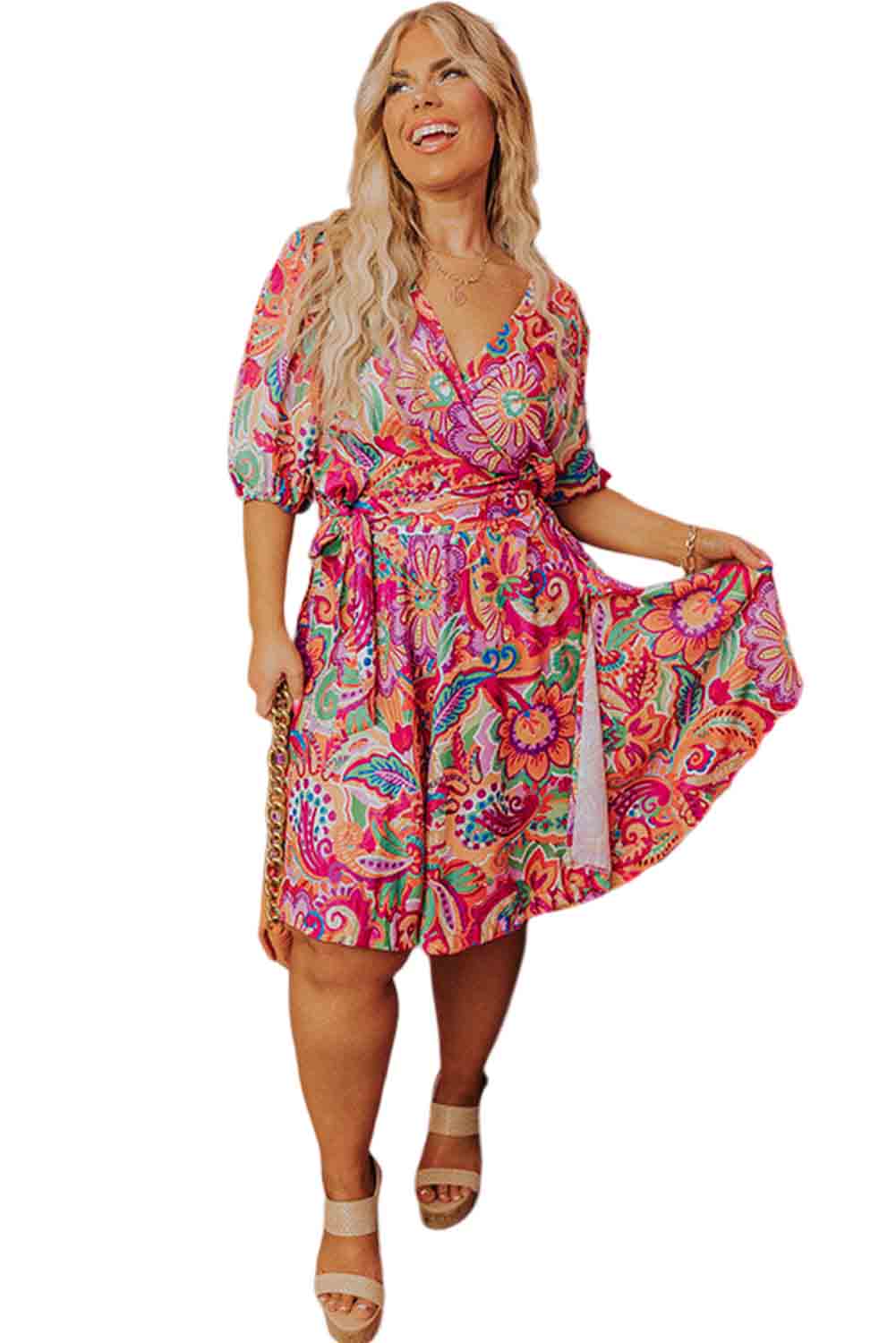 Multicolor Boho Paisley Floral Print Wrap V Neck Puff Sleeve Plus Size Dress Plus Size JT's Designer Fashion