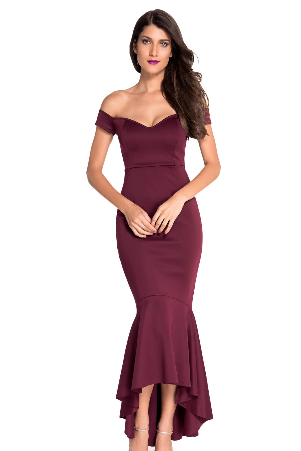 Maroon Off-shoulder Mermaid Jersey Prom Dress Evening Dresses JT's Designer Fashion