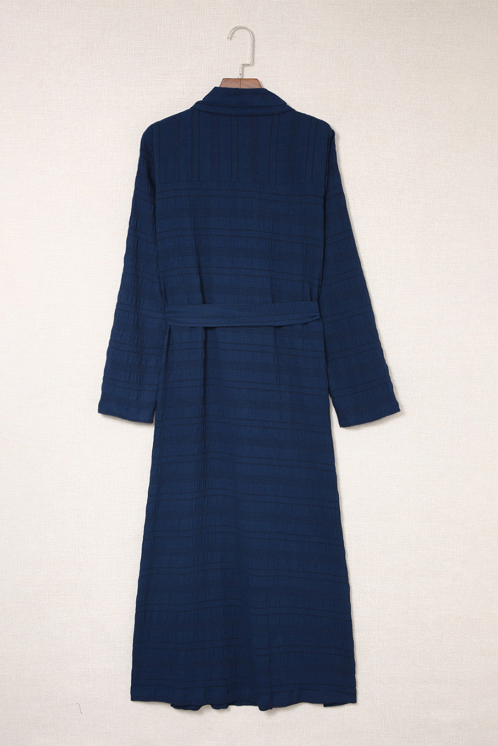 Blue Crinkle Textured Long Sleeve Shirt Dress with Belt T Shirt Dresses JT's Designer Fashion