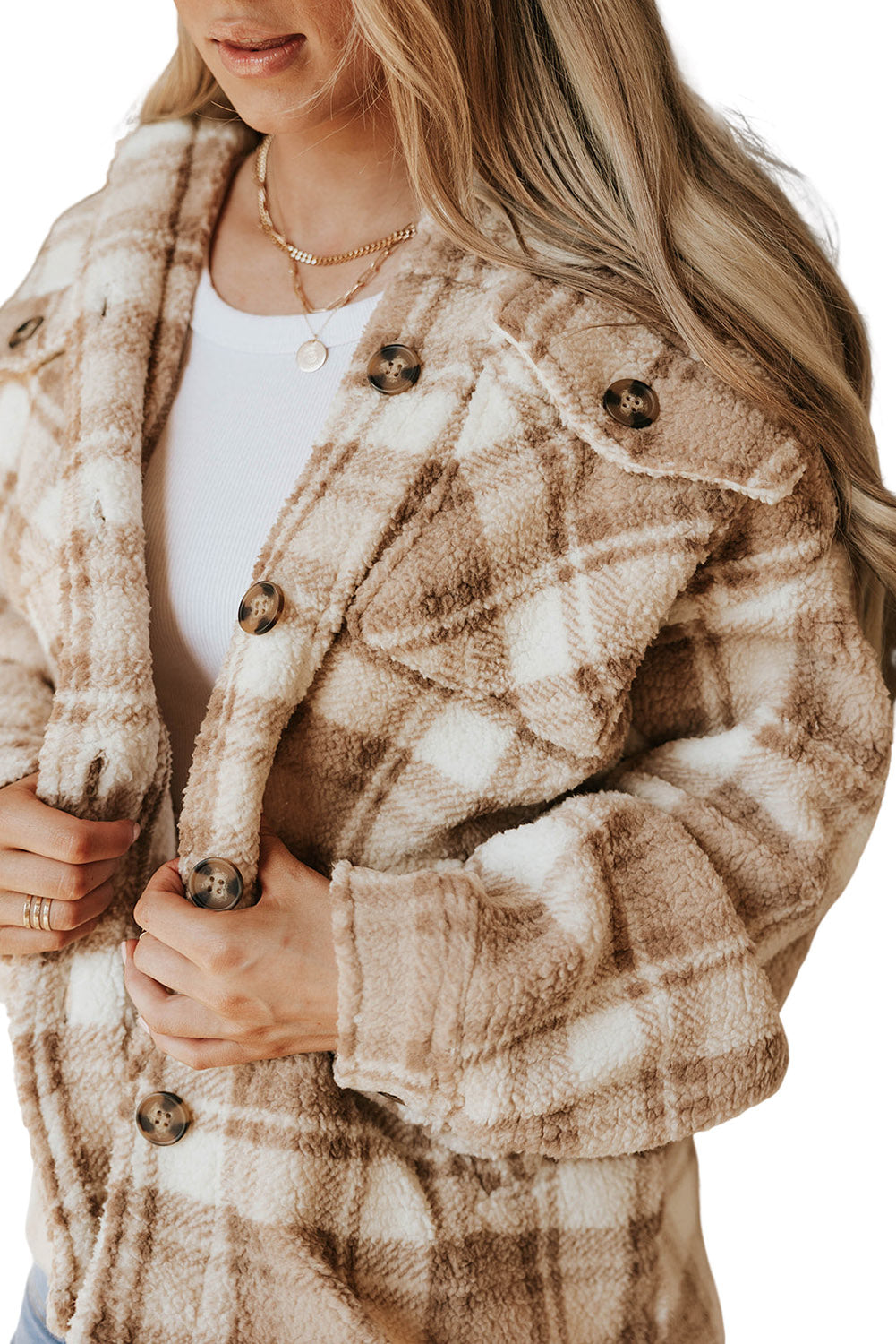 Khaki Sherpa Plaid Button Pocketed Jacket Coats & Jackets JT's Designer Fashion