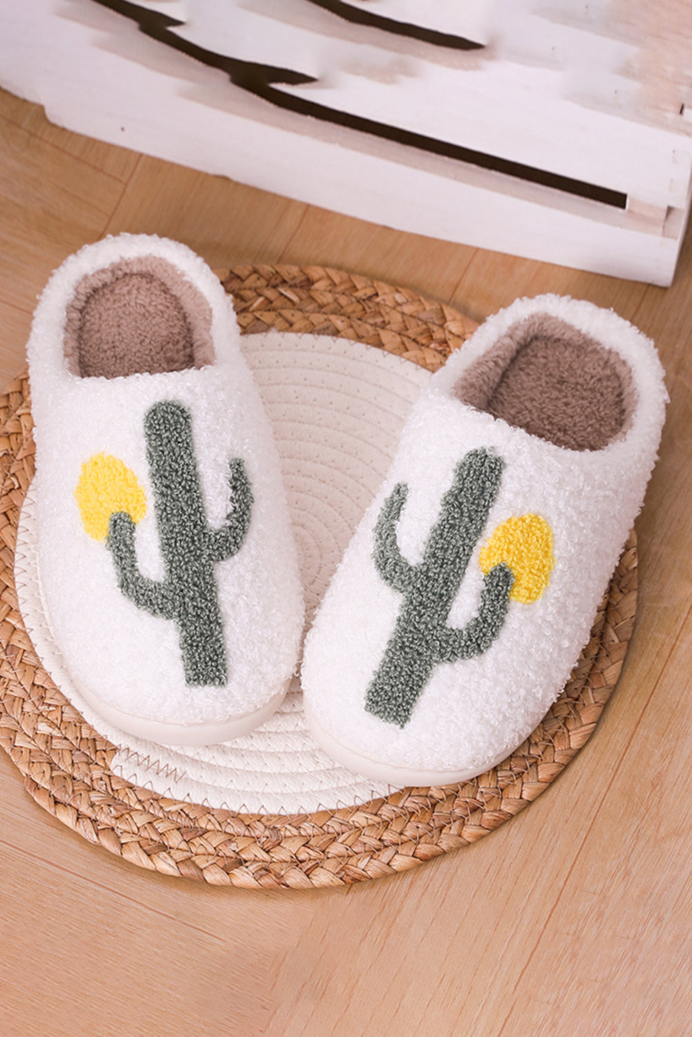 White Fuzzy Cactus Pattern Winter Home Slippers Slippers JT's Designer Fashion