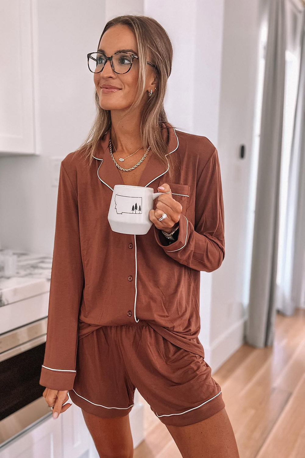 Brown Buttoned Long Sleeve Shirt and Shorts Two Piece Sleepwear Loungewear JT's Designer Fashion