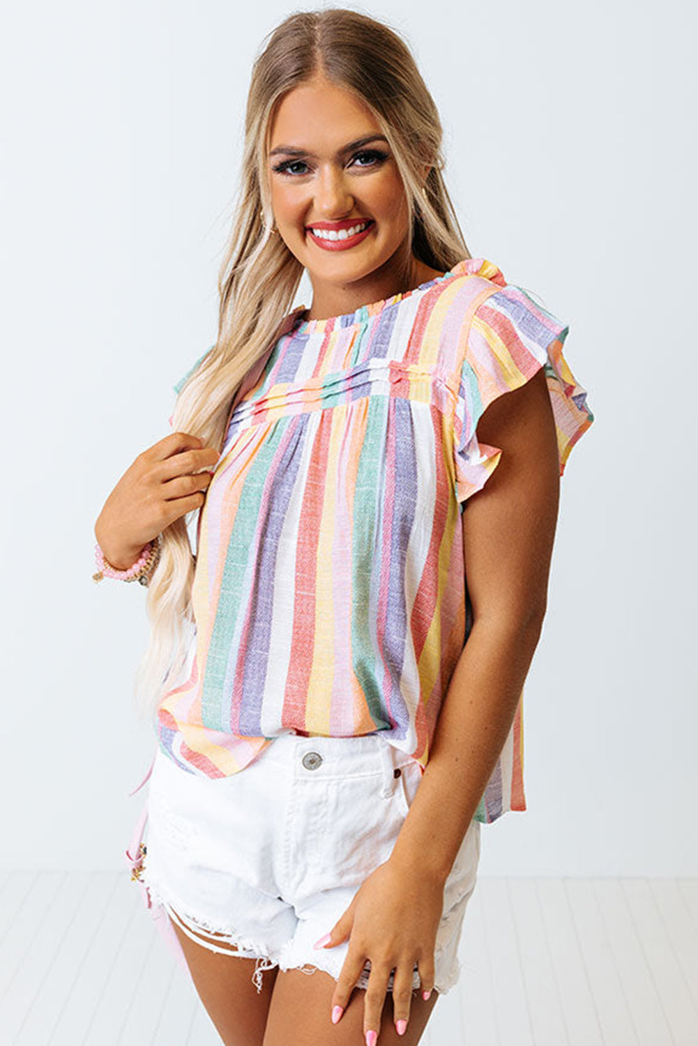 Multicolor Striped Frill Round Neck Ruffle Sleeve Blouse Plus Size Tops JT's Designer Fashion