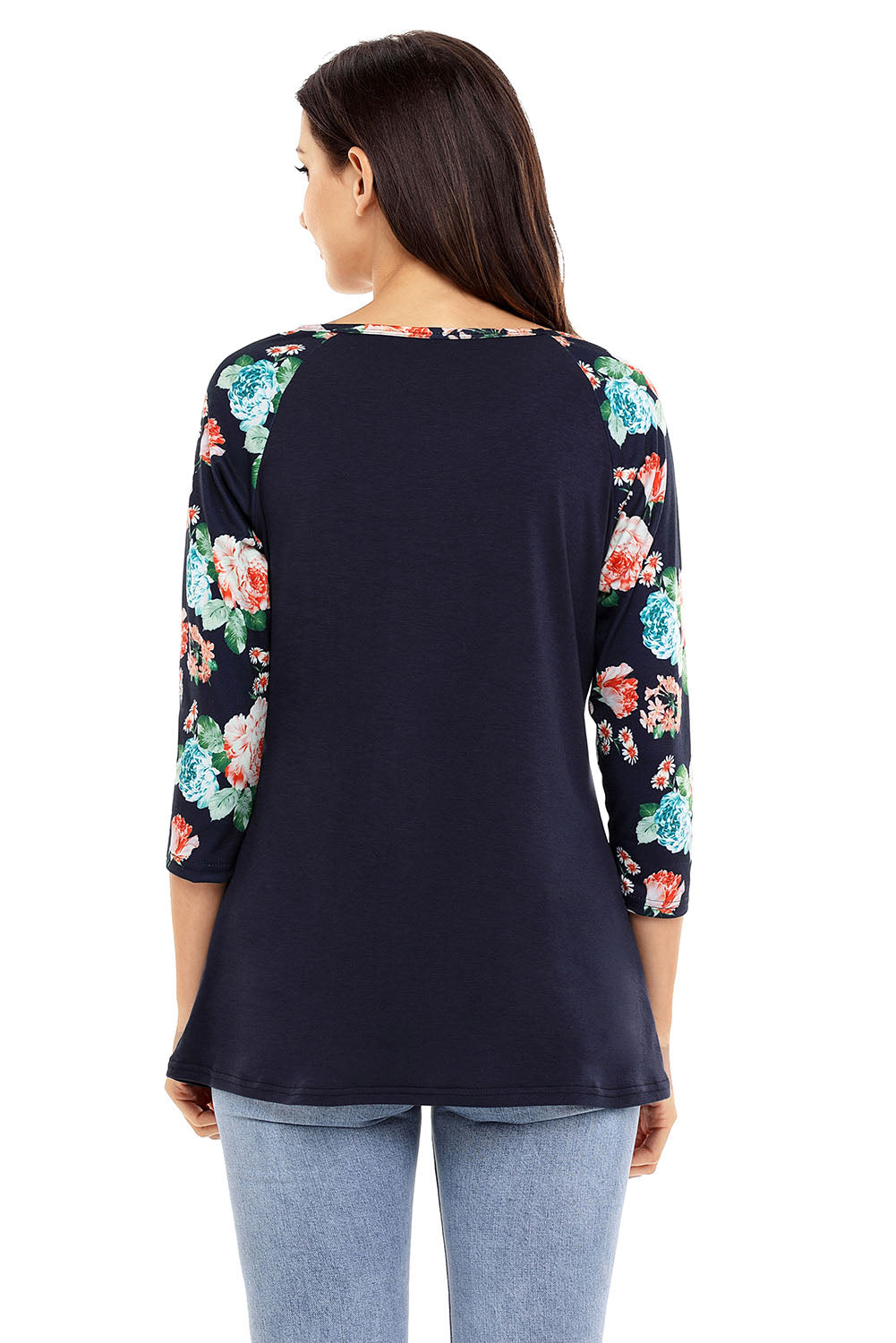 Floral Print Raglan Sleeve Black Top Long Sleeve Tops JT's Designer Fashion