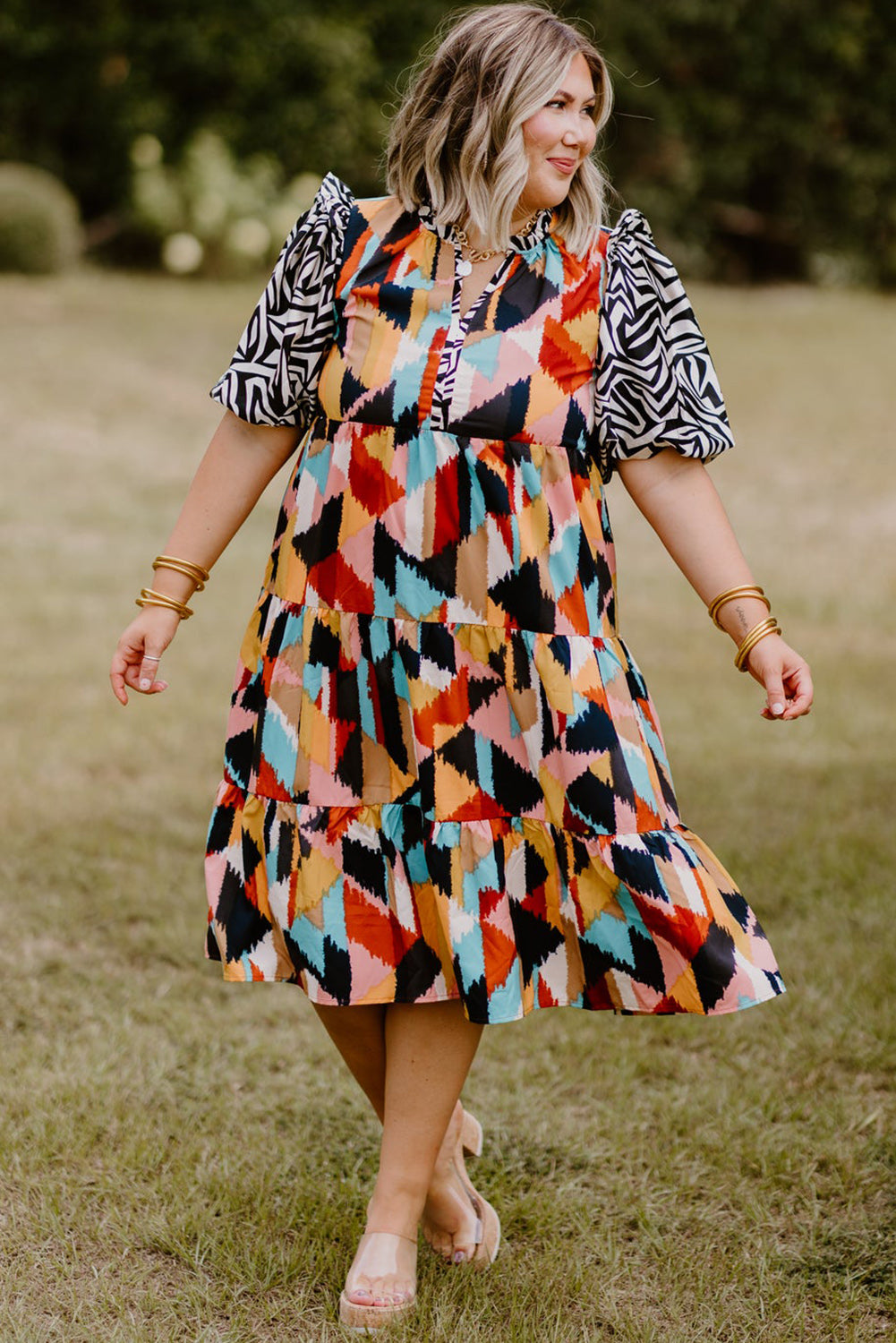 Pink Contrast Puff Sleeve Abstract Print Tiered Plus Size Dress Plus Size JT's Designer Fashion