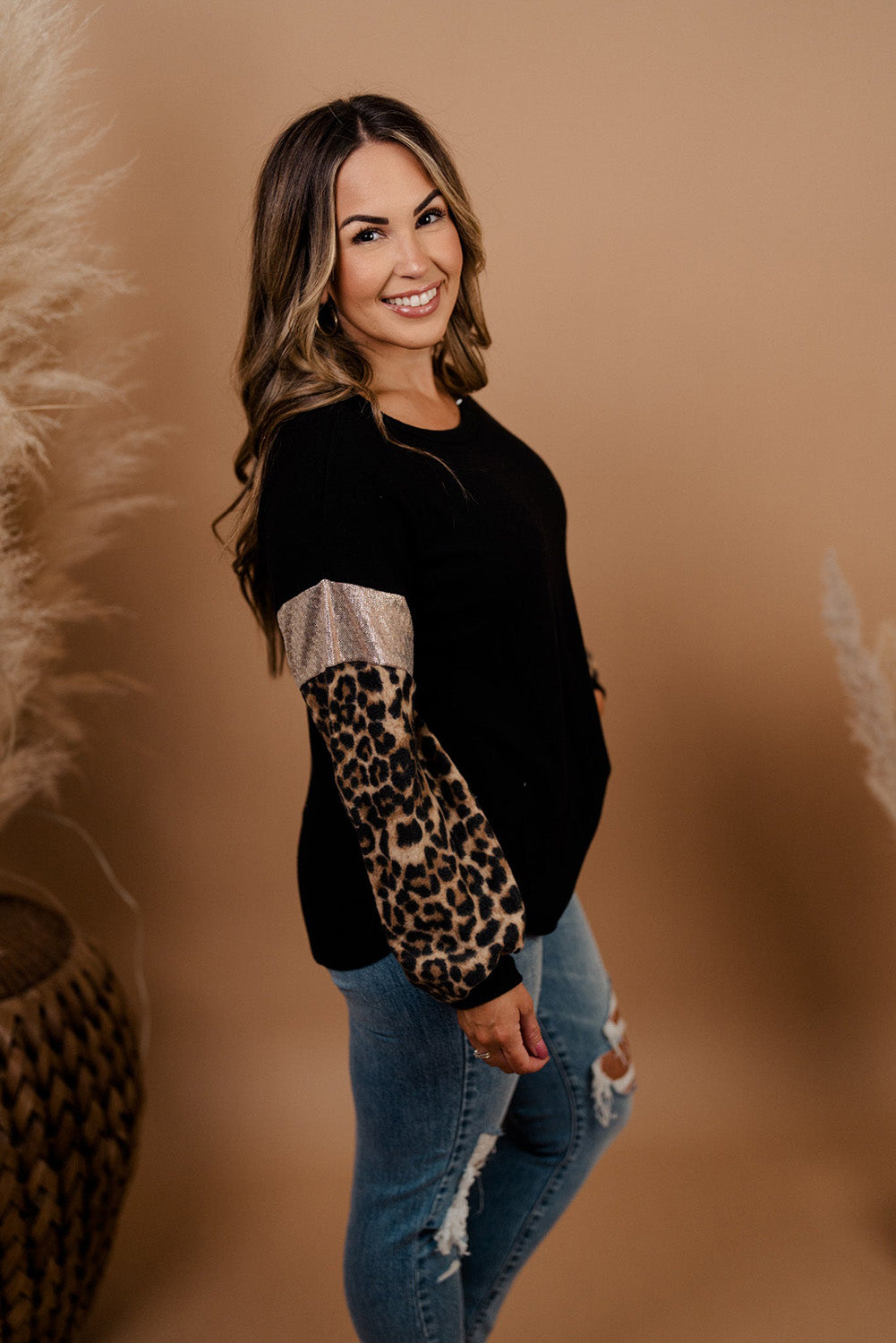 Black Plus Size Leopard Sequin Long Sleeve Top Plus Size JT's Designer Fashion