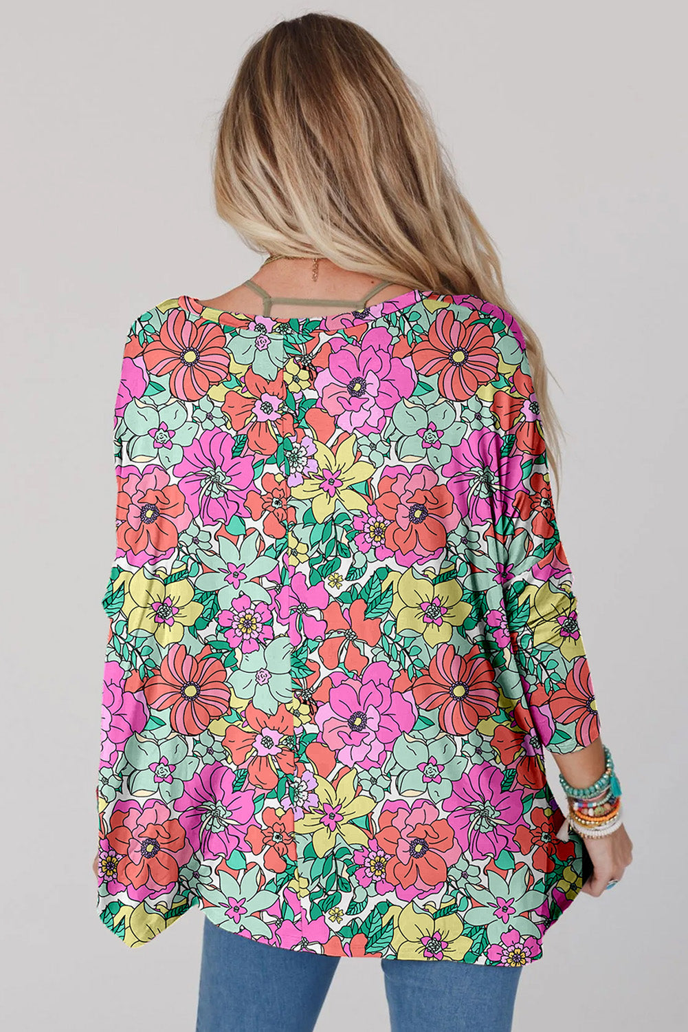 Multicolor Floral V-Neck Long Sleeve Top Tops & Tees JT's Designer Fashion