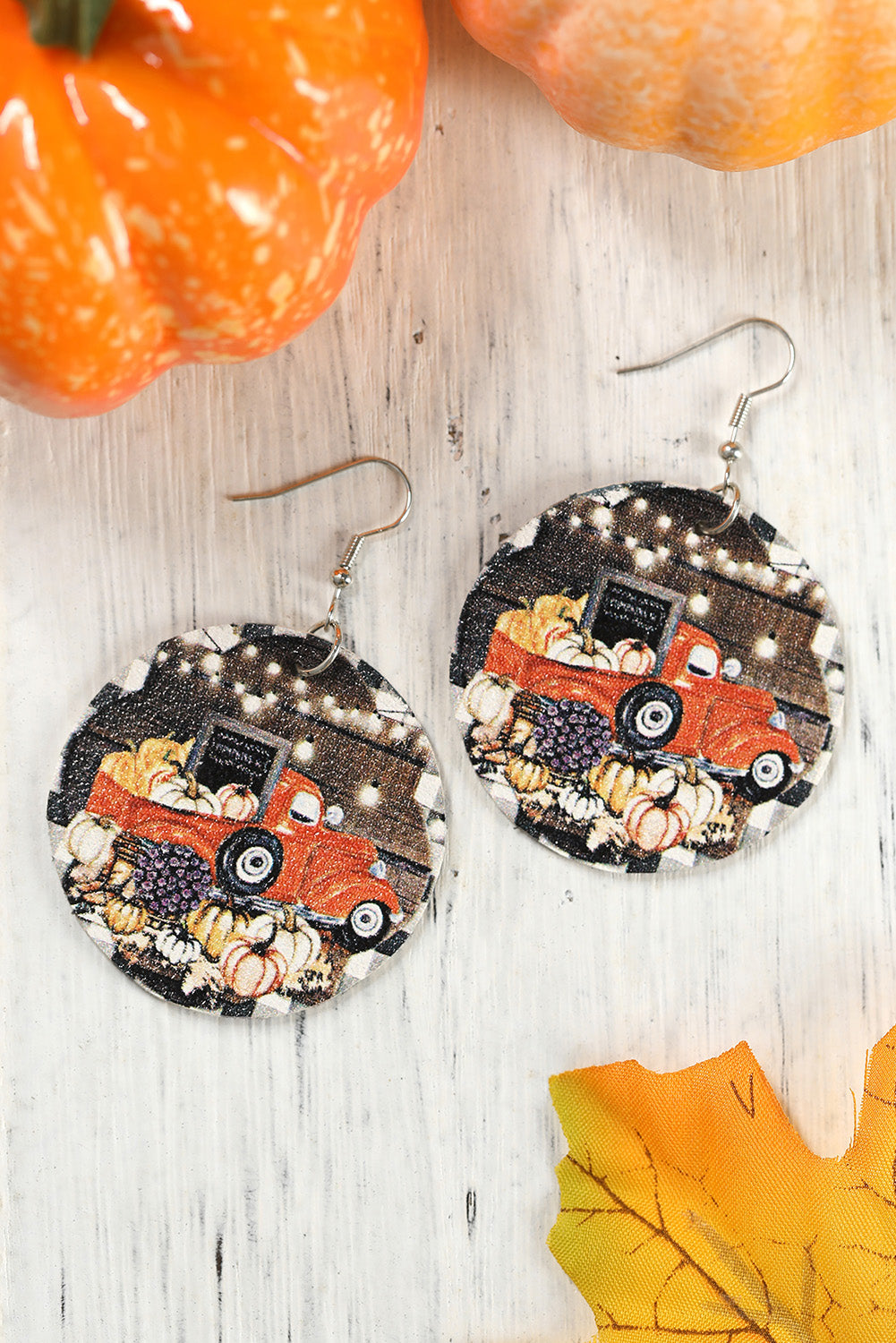 Multicolor Pumpkin Truck Print Round Drop Earrings Jewelry JT's Designer Fashion