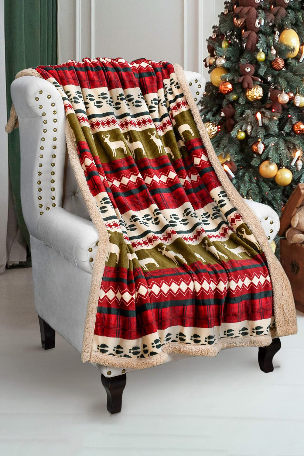 Christmas Elk Print Reversible Sherpa Fleece Blanket 130*150cm Other Accessories JT's Designer Fashion