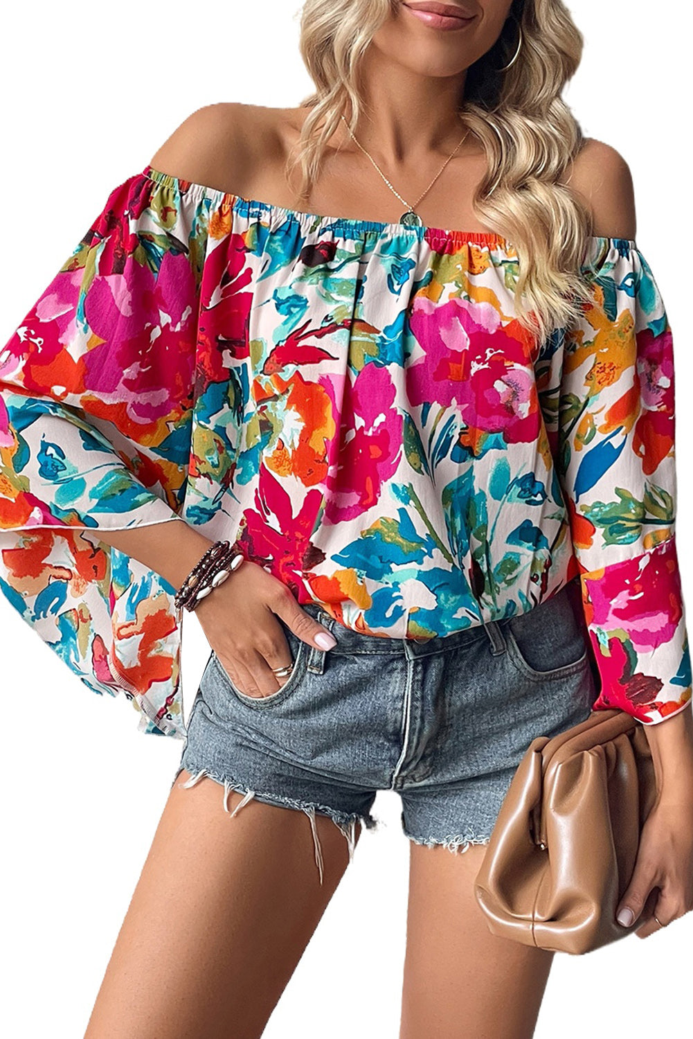 Multicolor Floral Print Off Shoulder Wide Sleeve Blouse Tops & Tees JT's Designer Fashion