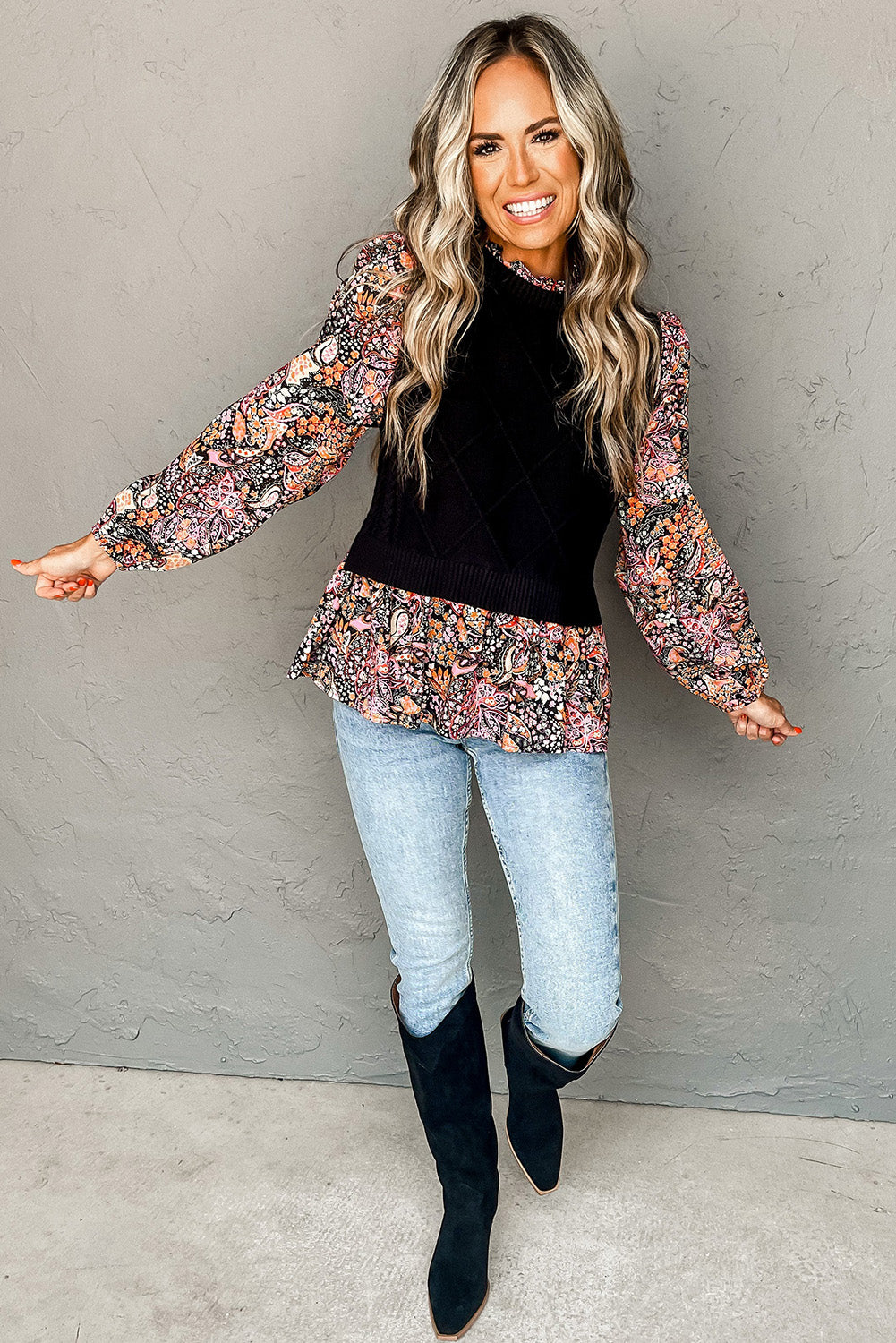 Black Cable Knit Contrast Floral Sleeve Peplum Sweater Pre Order Sweaters & Cardigans JT's Designer Fashion