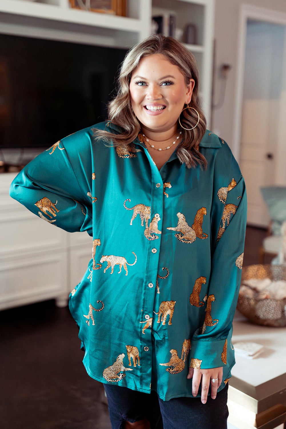 Green Printed Plus Size Satin Cheetah Print Button Up Shirt Plus Size JT's Designer Fashion