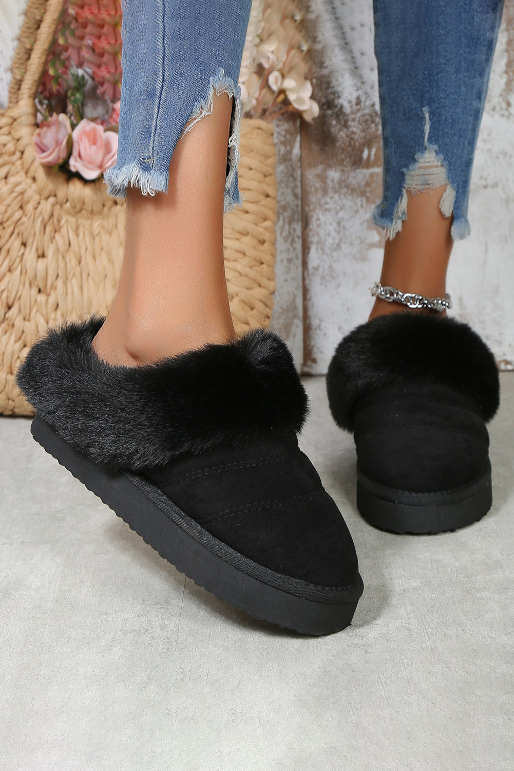 Black Plush Suede Patchwork Thick Sole Slippers Slippers JT's Designer Fashion