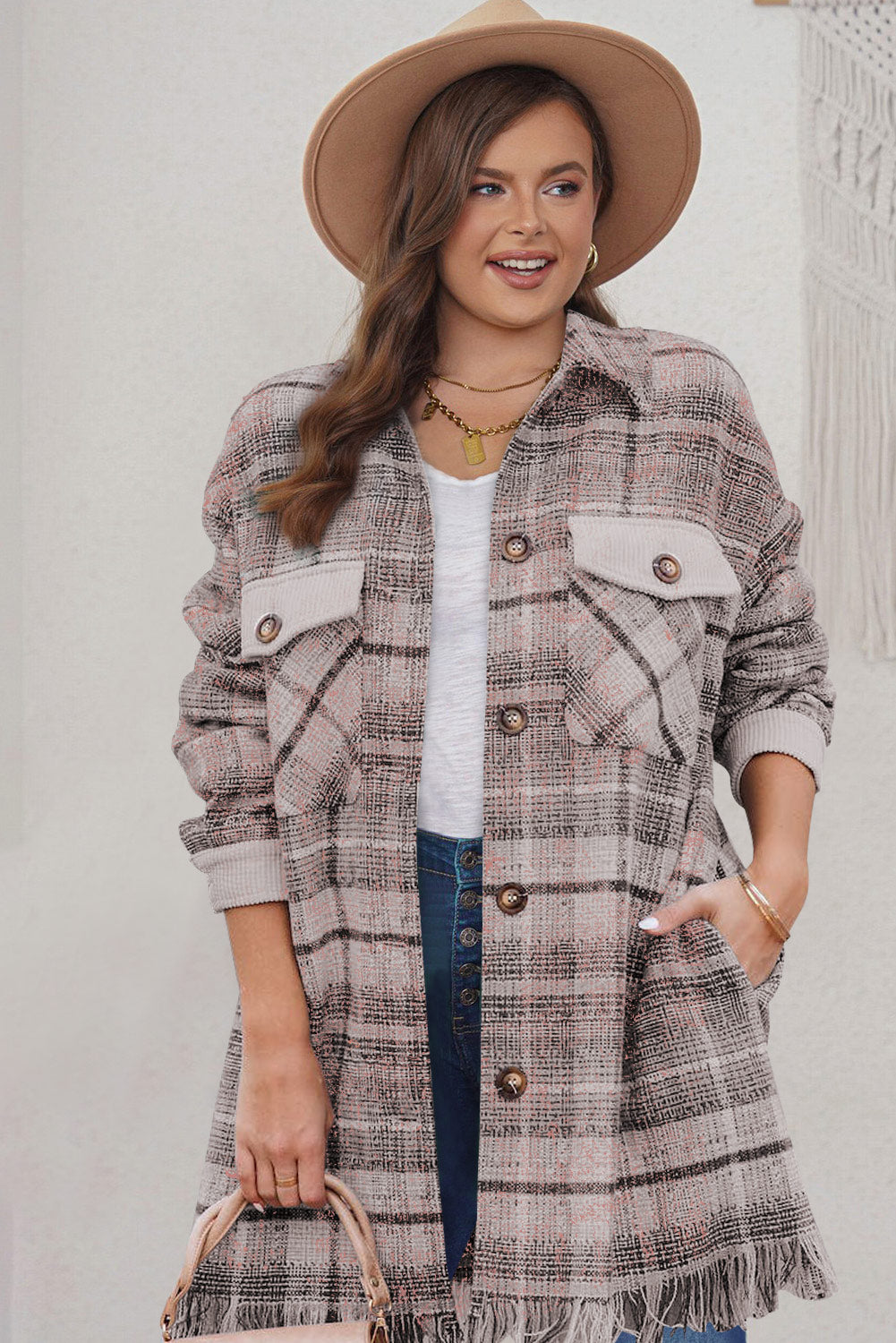 Pink Plus Size Plaid Tassel Hem Coat Plus Size JT's Designer Fashion