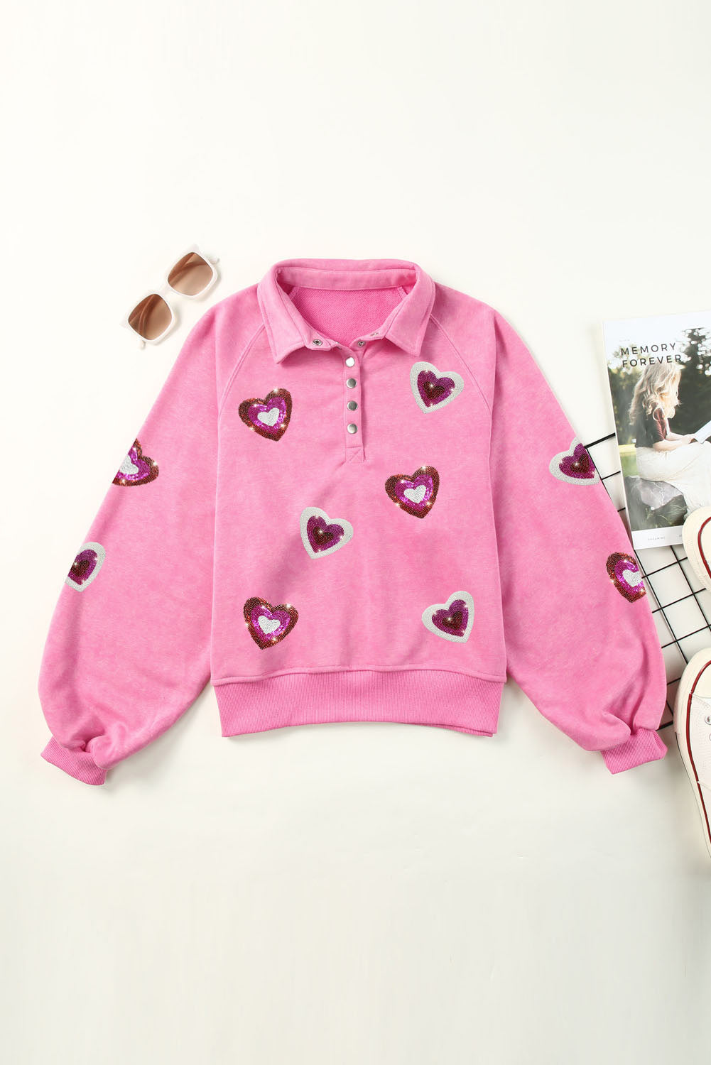 Pink Mineral Wash Sequin Heart Snap Buttons Collared Sweatshirt Graphic Sweatshirts JT's Designer Fashion