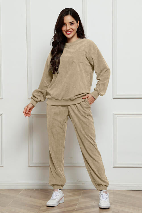 Round Neck Sweatshirt and Sweatpants Set Beige Jumpsuits & Rompers JT's Designer Fashion