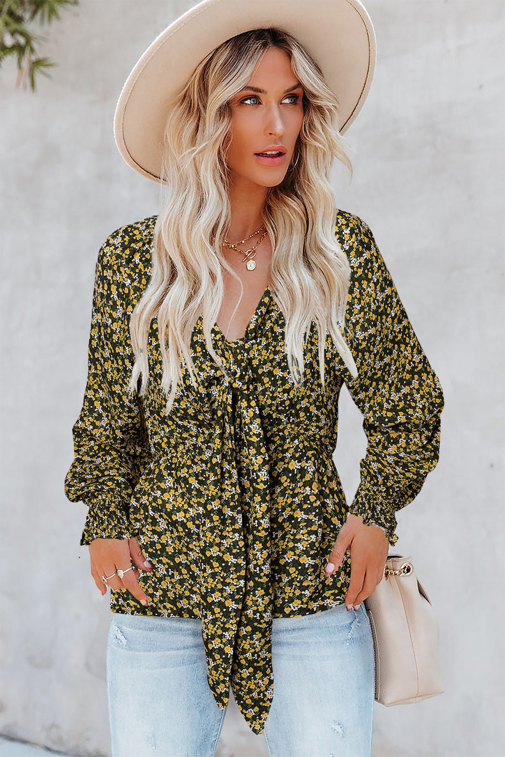 Cute Floral Print Front Tie Ruffled Long Sleeve Blouse Blouses & Shirts JT's Designer Fashion