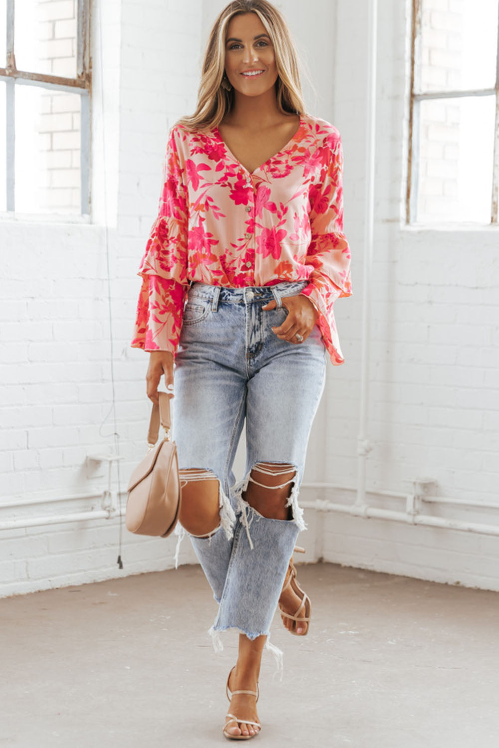 Pink Floral Double Bell Long Sleeve Buttoned Bodysuit Tops & Tees JT's Designer Fashion